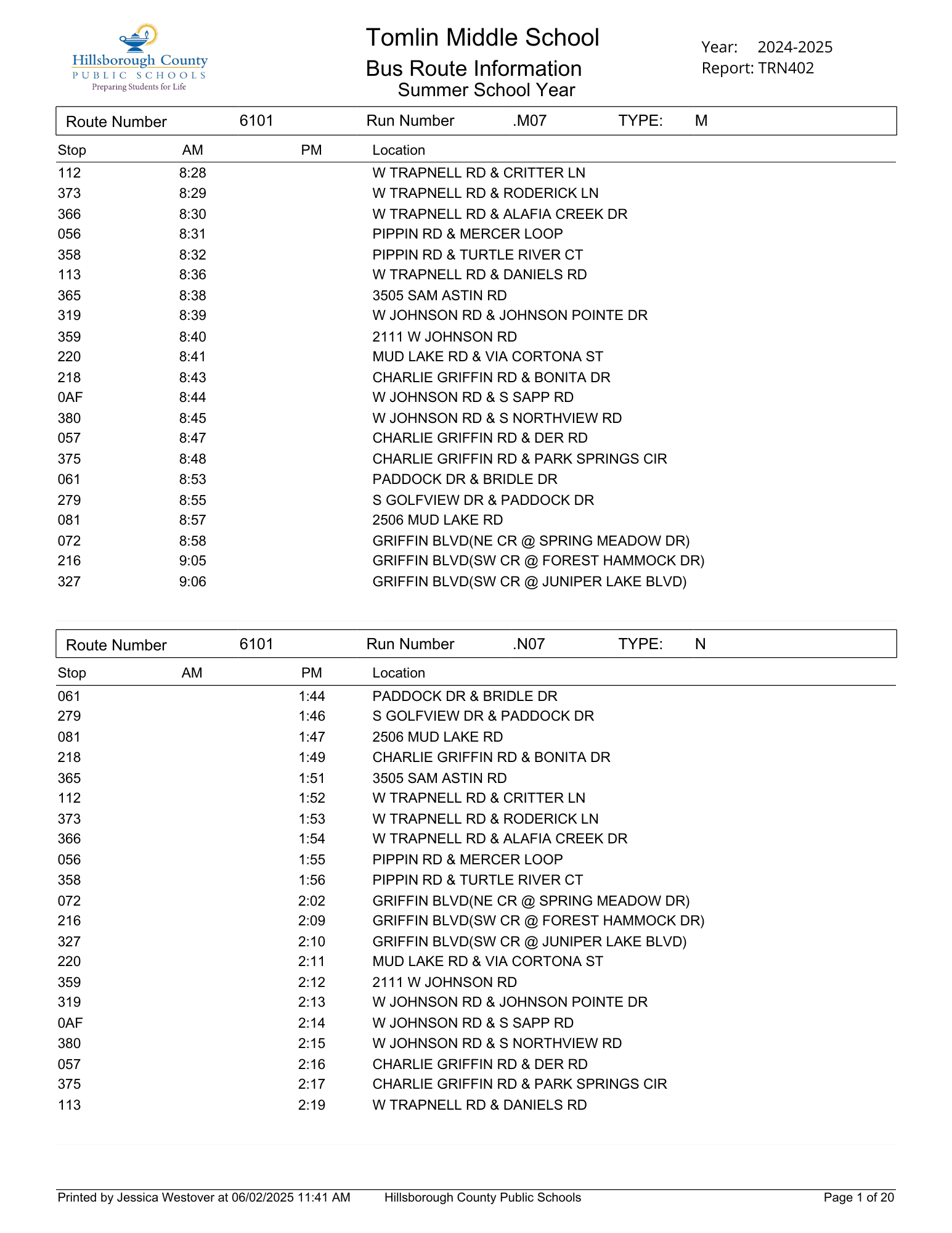  2025 Summer School Bus Routes