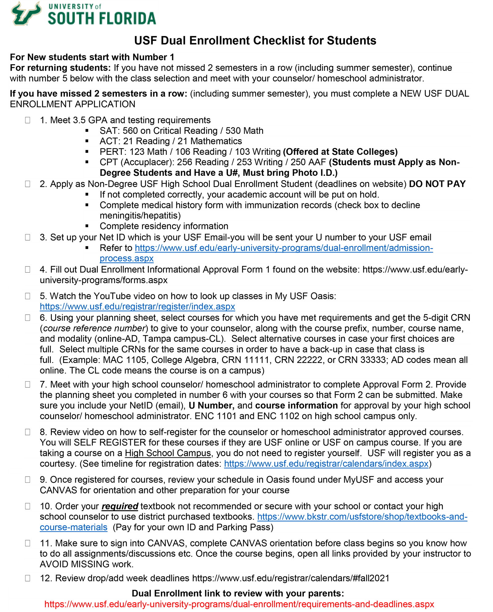 usf checklist