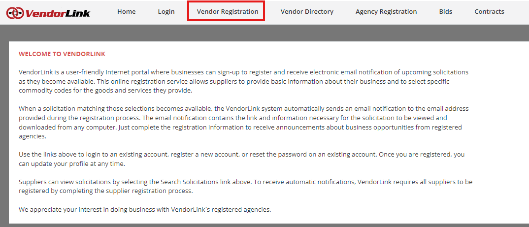 Select the Vendor Registration tab