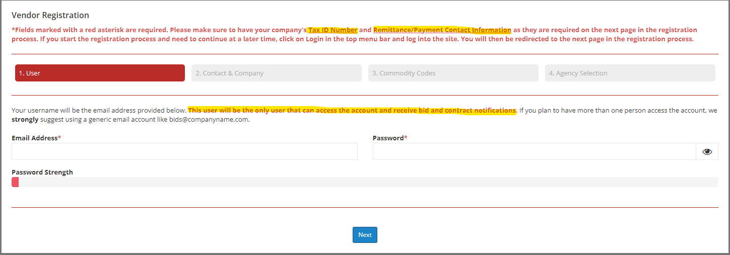 Vendor Registration tab