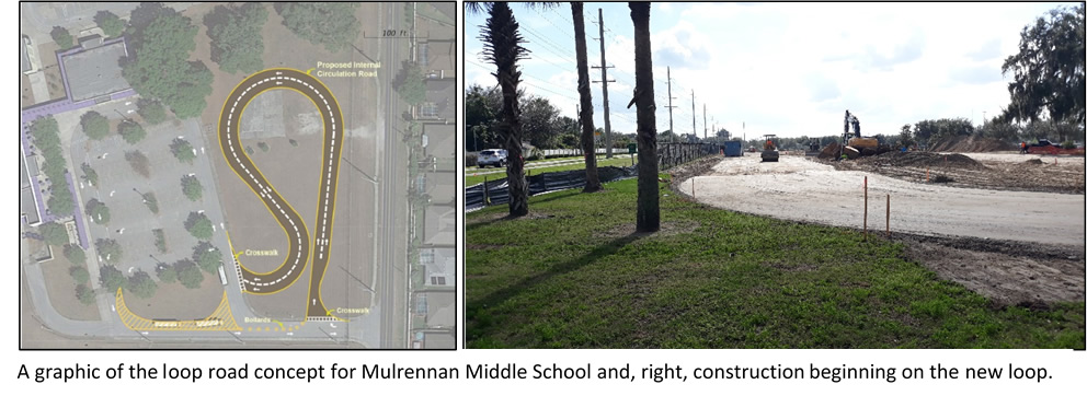 loop road concept for Mulrennan Middle School and construction beginning new loop 