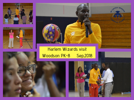 photo collage of Harlem Wizards visit at Woodson Pk-8 Sept, 2018 